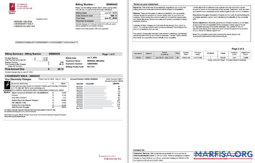 Blank Canada Ontario London Hydro utility bill scr download for verification